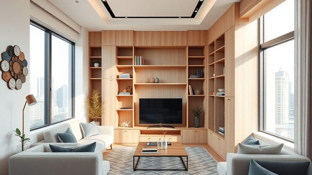 Built-in shelving unit maximising space in a compact condominium