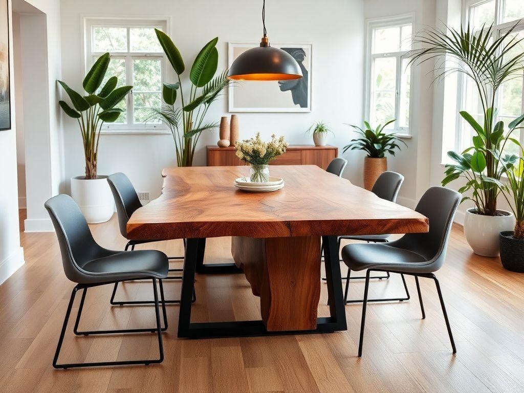 Live-edge timber slab dining table with black steel legs