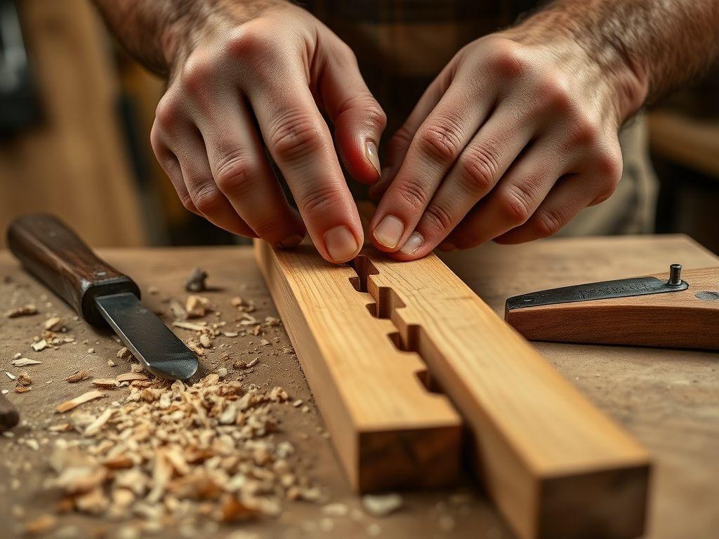Close-up of a carpenter's hands fitting a dovetail joint