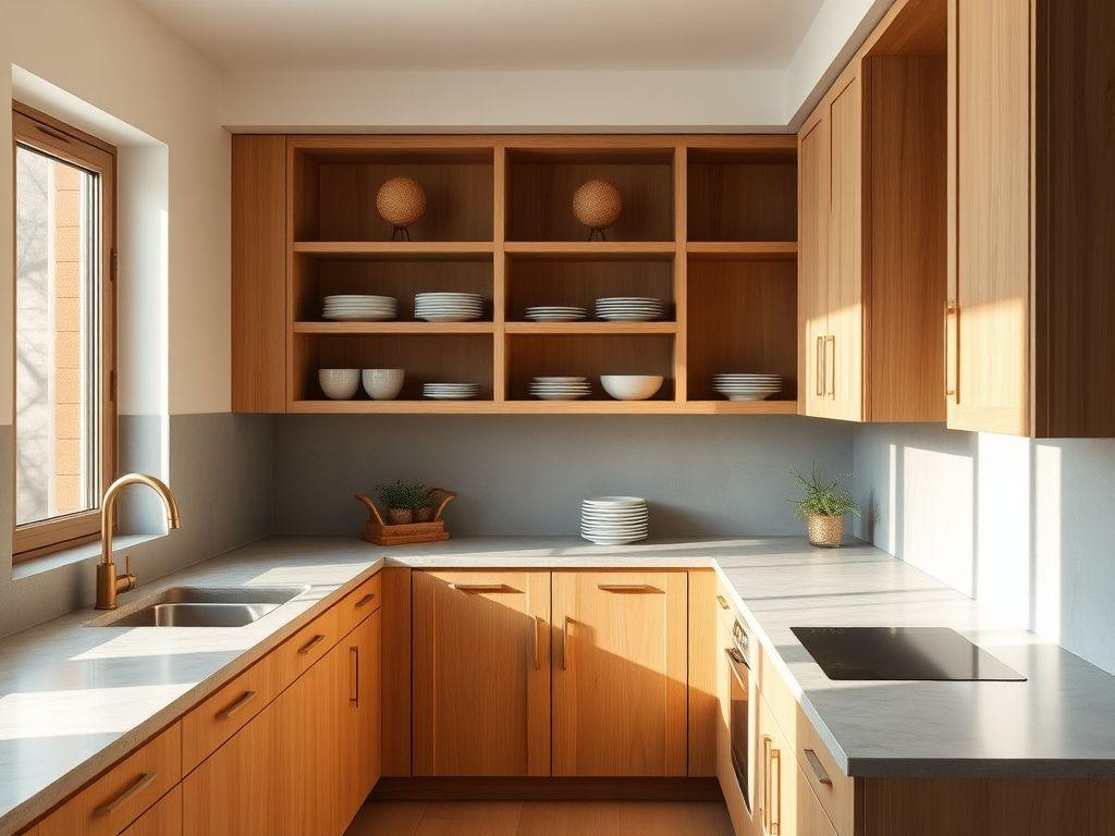 Oak galley kitchen with stone worktop and open shelving