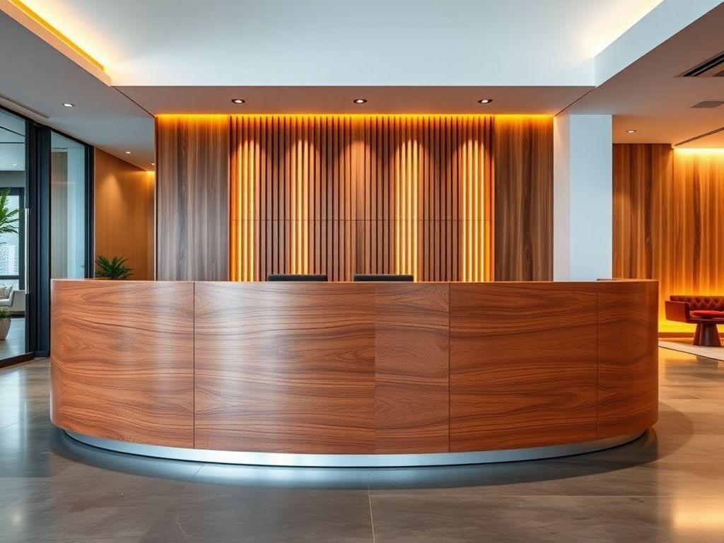 Walnut reception counter in a modern office lobby