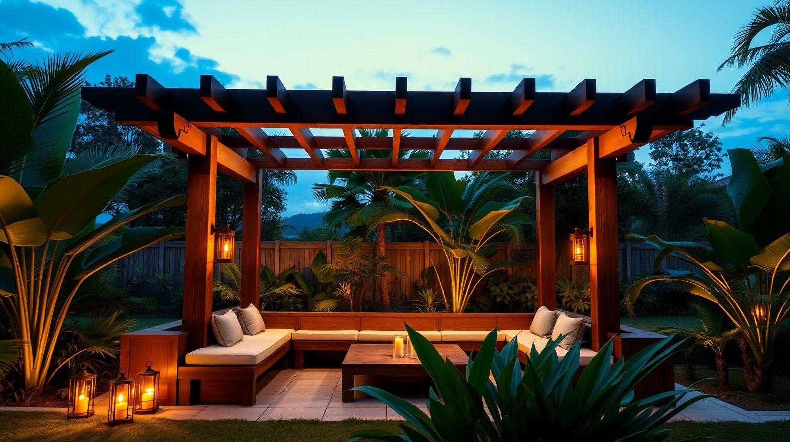 Handcrafted timber pergola lounge with lanterns at dusk in a Malaysian garden