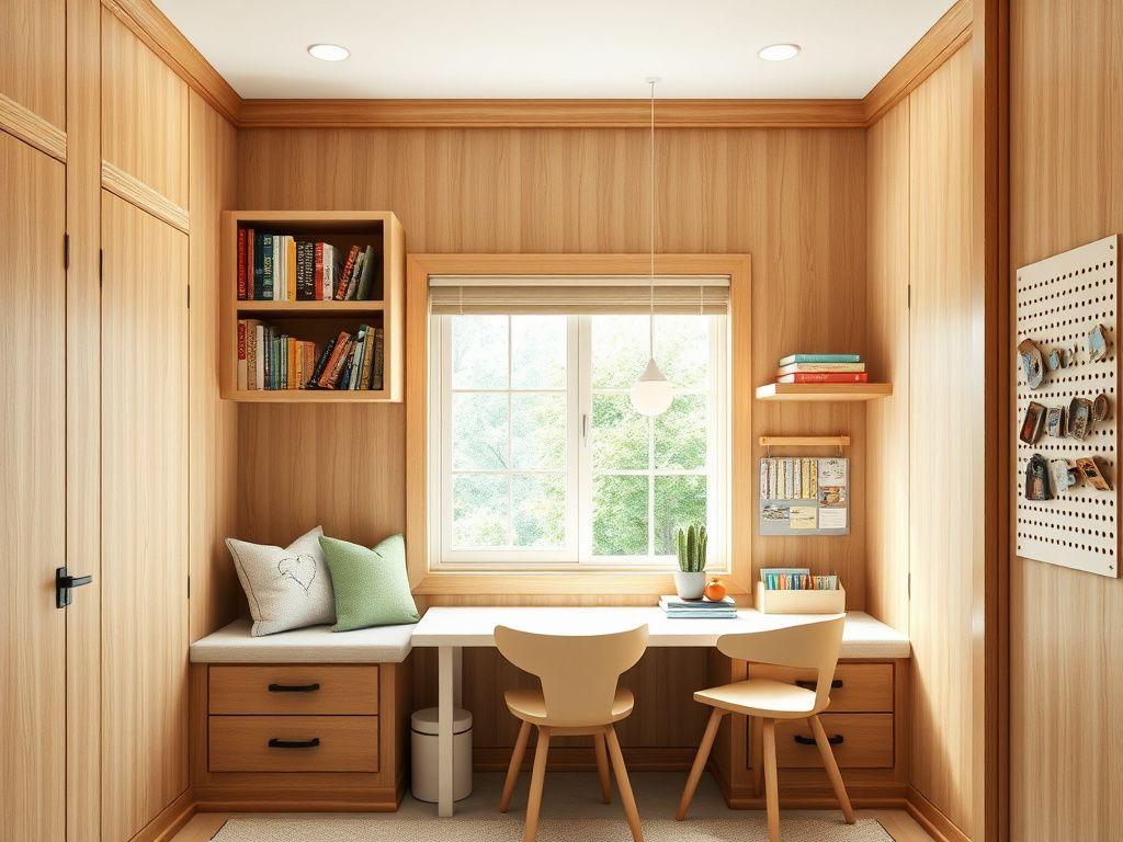 Built-in pine study nook with desk and bookshelves