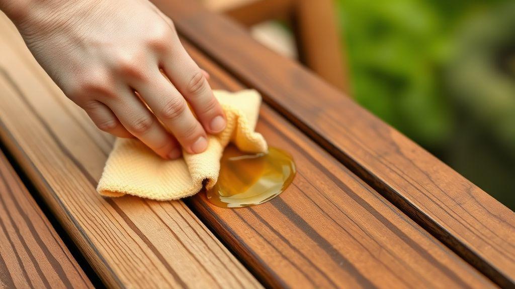 Hand applying oil to teak wood grain with a cloth