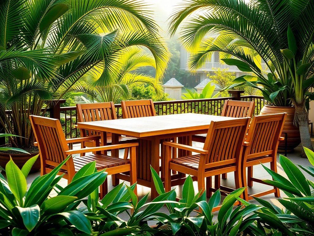 Teak dining set on a tropical terrace surrounded by plants