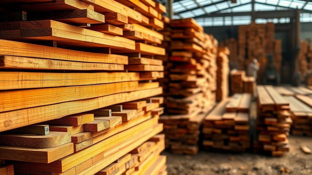 Stacked hardwood planks in a timber yard