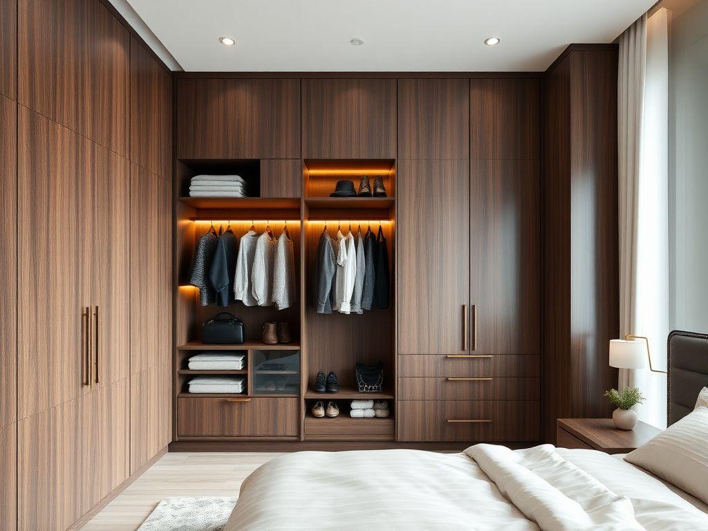 Floor-to-ceiling walnut wardrobe with brass handles in a bedroom