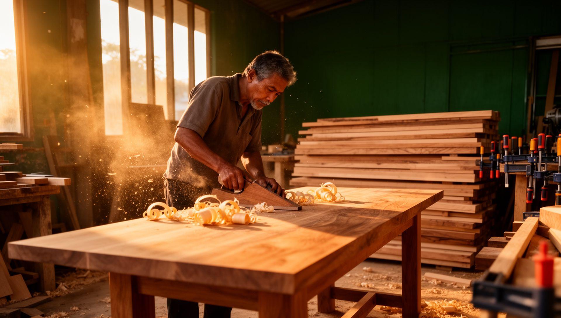 Carpenter planing a teak panel in the GardenBase workshop at dawn